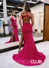 Marina |Red Long Prom Dresses Near Me With Glitter Mermaid V Neck Cut Out Slit - Price #price_variant_lowest# - Red - PromDressClub